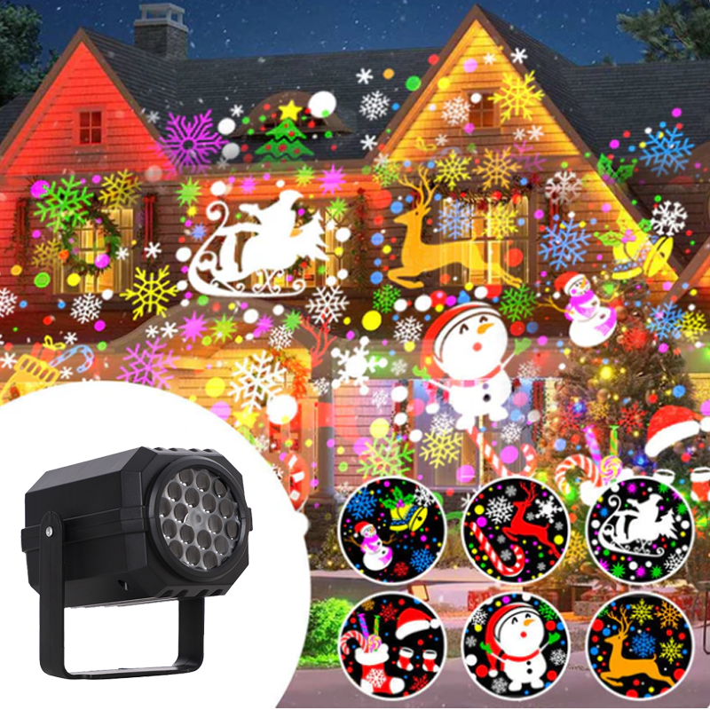 Rotating projector with LED lights creates a Christmas effect.